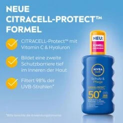Nivea Sonnencreme Sun Schutz & Pflege, LSF 50+, Sonnenspray, Wasserfest, 200ml -Haushaltsprodukte 26f3fa21545e14e5b212bd57f9992a7c9671143c sonnencreme nivea sun schutz und pflege lsf 50 plus