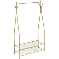 Relaxdays Garderobenständer Sandra, 10020565, Mit 2 Ablagen & 4 Haken, Metall, Hellbraun