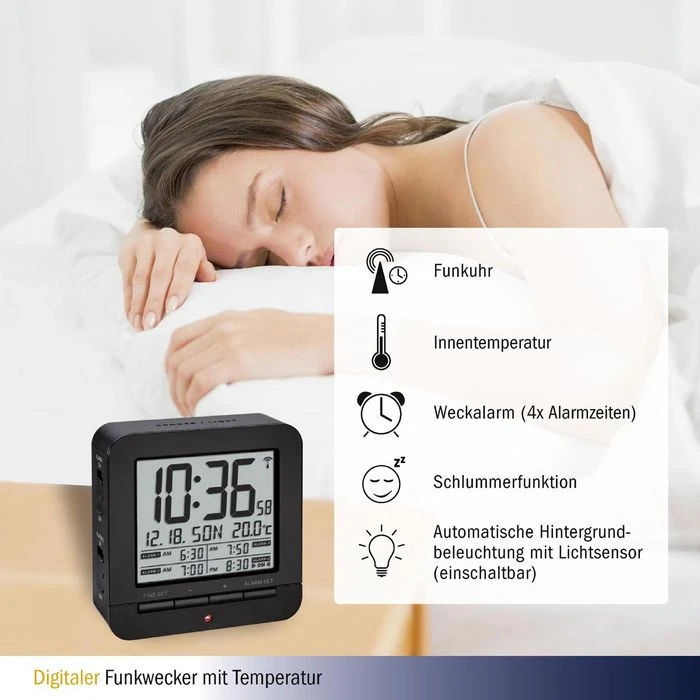 TFA Wecker 60.2536.01 Funk Digital, Thermometer, Lichtsensor, 4 Weckzeiten, Schwarz 3 TFA Wecker 60.2536.01 Funk Digital, Thermometer, Lichtsensor, 4 Weckzeiten, Schwarz – Bild 3