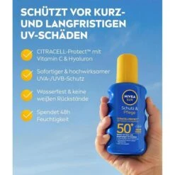 Nivea Sonnencreme Sun Schutz & Pflege, LSF 50+, Sonnenspray, Wasserfest, 200ml -Haushaltsprodukte 3e0af61291e9fd30ee482a4f83a583c6797b2830 sonnencreme nivea sun schutz und pflege lsf 50 plus