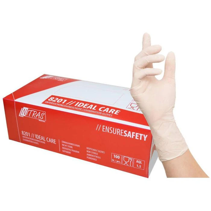 NITRAS Einmalhandschuhe Ideal Care Latex, 8201, Gepudert, Weiß, 100 Stück, Größe XL 1 NITRAS Einmalhandschuhe Ideal Care Latex, 8201, Gepudert, Weiß, 100 Stück, Größe XL