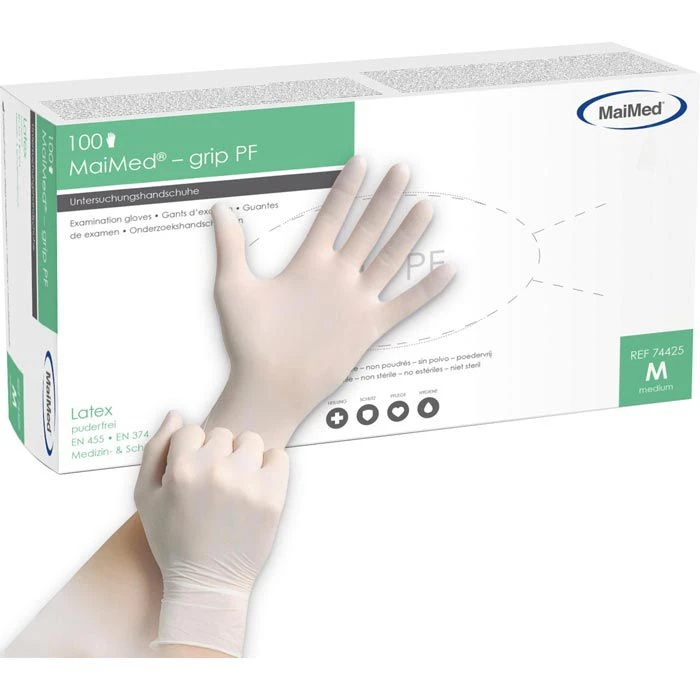 MaiMed Einmalhandschuhe Grip PF Latex, Puderfrei, 74425, Natur, 100 Stück, Größe M 1 MaiMed Einmalhandschuhe Grip PF Latex, Puderfrei, 74425, Natur, 100 Stück, Größe M
