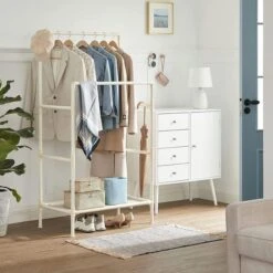 Songmics Garderobenständer RDR01WT, Bis 55 Kg, Mit 2 Kleiderstangen Und Ablage, Metall, Weiß -Haushaltsprodukte 6e0e7943175eb24ed7e5ab0f5085526e3538e3cf garderobenstaender songmics rdr01wt bis 55 kg