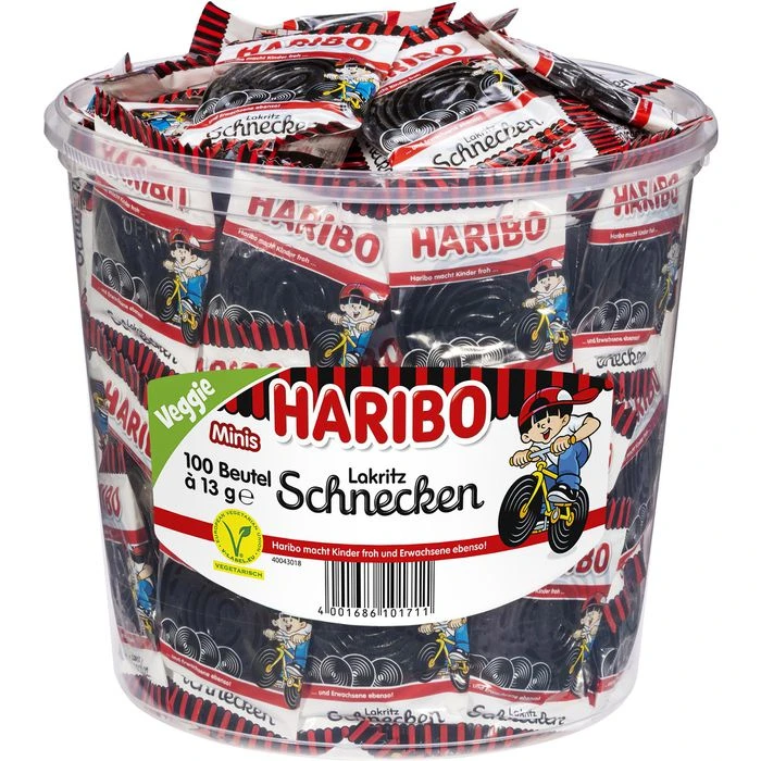 Haribo Lakritz Lakritzschnecken, 100 Minibeutel, 1,3kg, Dose 1 Haribo Lakritz Lakritzschnecken, 100 Minibeutel, 1,3kg, Dose