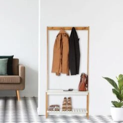 Relaxdays Garderobenständer 10024984, Mit 2 Ablagen & 4 Haken, Bambus, Natur / Weiß -Haushaltsprodukte bb11ea55c1c07727dd3176bdc0b63f3e308257cc garderobenstaender relaxdays 10024984