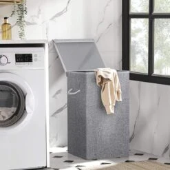 Songmics Wäschekorb LCB01G, Grau, Mit Deckel, Leinenimitat, Faltbar, 36 X 66 X 36 Cm, 85 Liter -Haushaltsprodukte cfa27d77eb50f15ae143d94fa28f91ca569bbc00 waeschekorb songmics lcb01g grau mit deckel