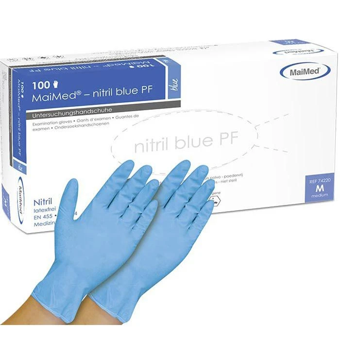 MaiMed Einmalhandschuhe Nitril Blue PF, Puderfrei, Chemikalienhandschuhe, Blau, 100 Stück, Gr. M 1 MaiMed Einmalhandschuhe Nitril Blue PF, Puderfrei, Chemikalienhandschuhe, Blau, 100 Stück, Gr. M
